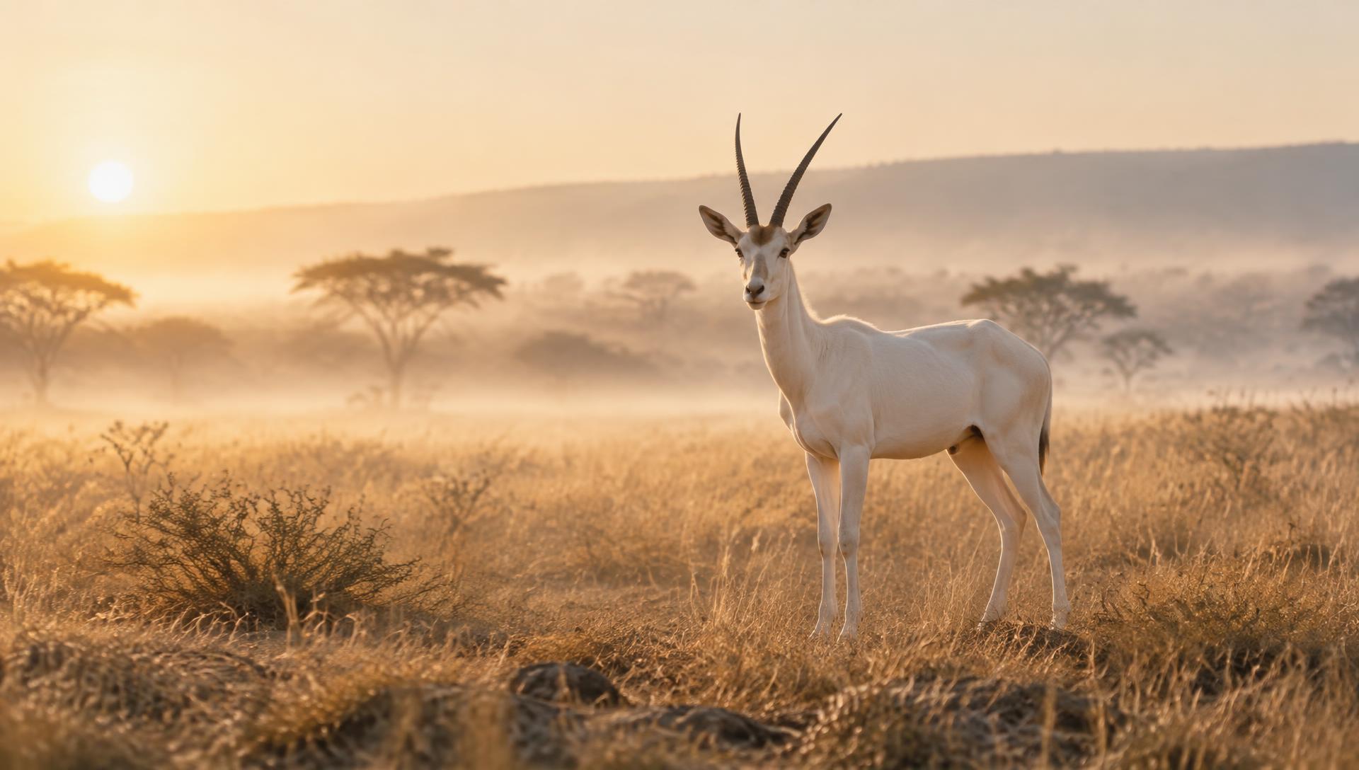 A white gazelle standing on a pale golden savanna at dawn